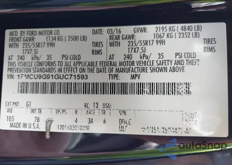 2016 Ford Escape Se from USA, damaged, VIN 1FMCU9G91GUC71593